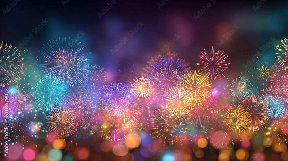 Fototapeta premium Vibrant Fireworks Display for New Year Celebrations, Ideal for Festive Design, Illustrations, and Promotional Posters.