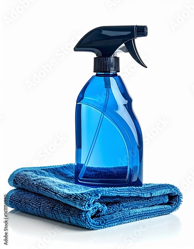 A blue spray bottle placed on a folded blue microfiber cloth, perfect for cleaning and household tasks.