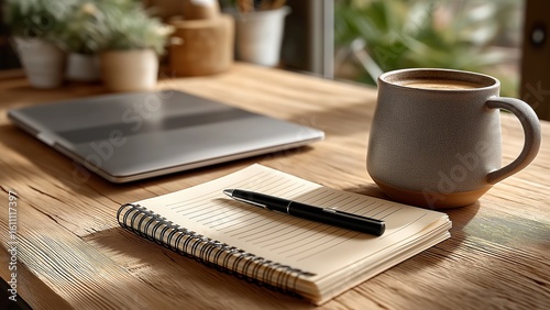 Flatlay view of home writing space with blank-key laptop, ceramic mug, sticky notes, and pen on notebook in warm light