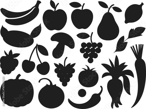 Collection of fruits and vegetables silhouette vector, black food icons set, healthy organic produce, isolated nature elements, fresh diet items illustration, simple nutrition design