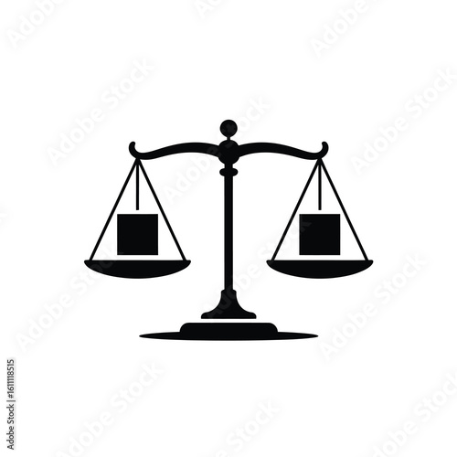 Black silhouette of a balanced scale with weights isolated on white background