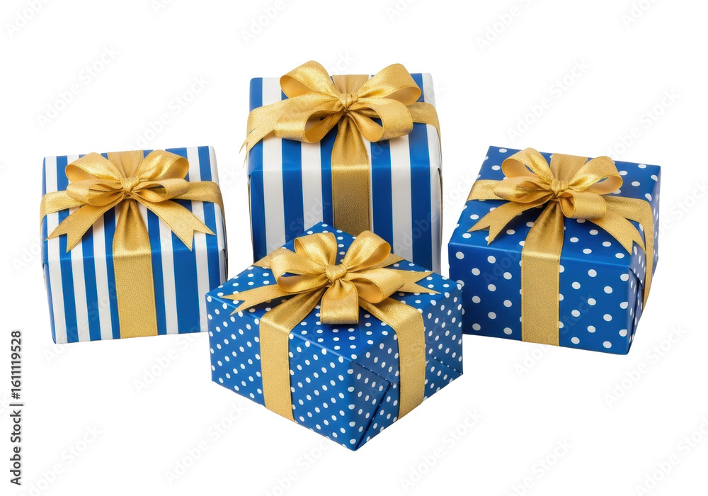 Fototapeta premium Four elegantly wrapped blue gift boxes, distinct patterns (stripes, polka dots), golden ribbon bows, precisely arranged on a plain transparent studio background with diffused light, no shadows,