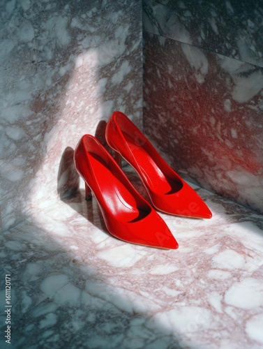 Pair of red high-heeled shoes resting on a white marble surface. the shoes have a pointed toe and a stiletto heel. the marble has a marbled texture with shades of grey and white.