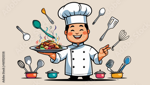 Smiling male cook in a chef uniform presenting a freshly prepared meal. Illustration of culinary expertise and passion for gastronomy.