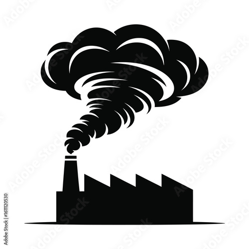 Factory chimney emitting smoke silhouette isolated on white background