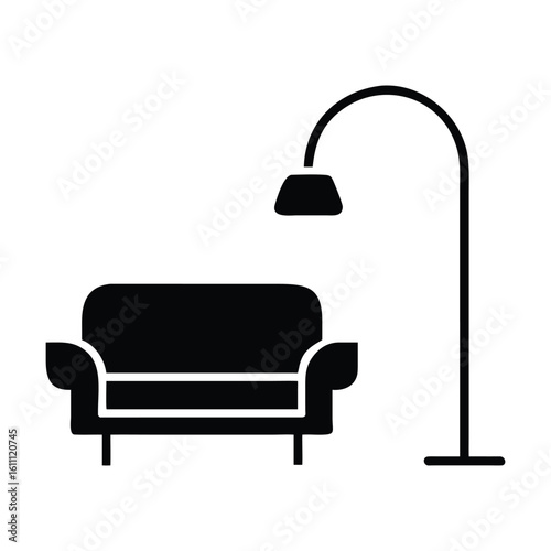  A black sofa and lamp icon, illustrating stylish home furnishings in a simple graphic design