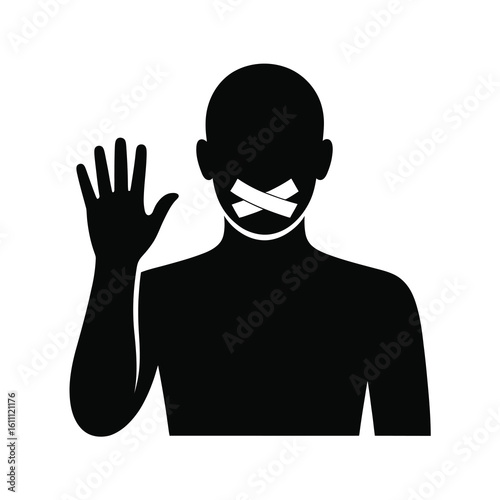 Man with mouth taped shut silhouette isolated on white background