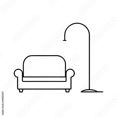  A black sofa and lamp icon, illustrating stylish home furnishings in a simple graphic design