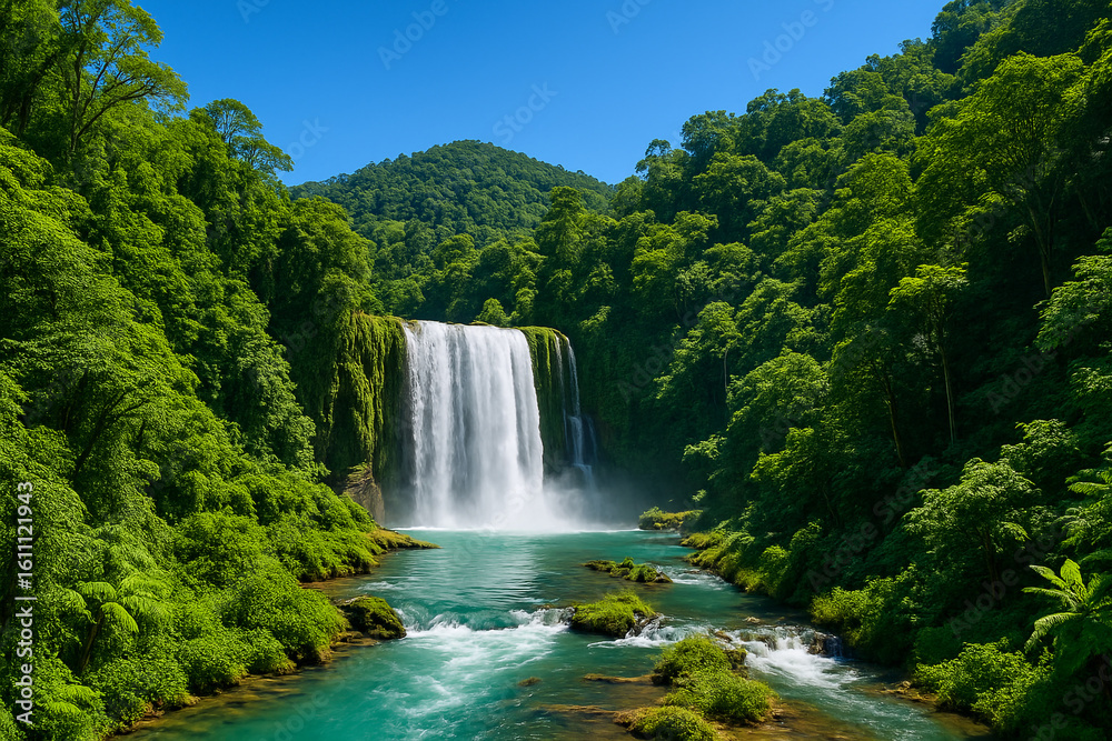 Obraz premium Majestic Tropical Waterfall in Lush Green Jungle under Clear Blue Sky