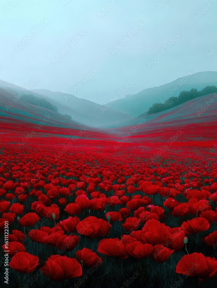 Obraz premium Landscape photograph of a field of red poppies. the field is vast and full of vibrant red flowers, with a clear blue sky in the background.