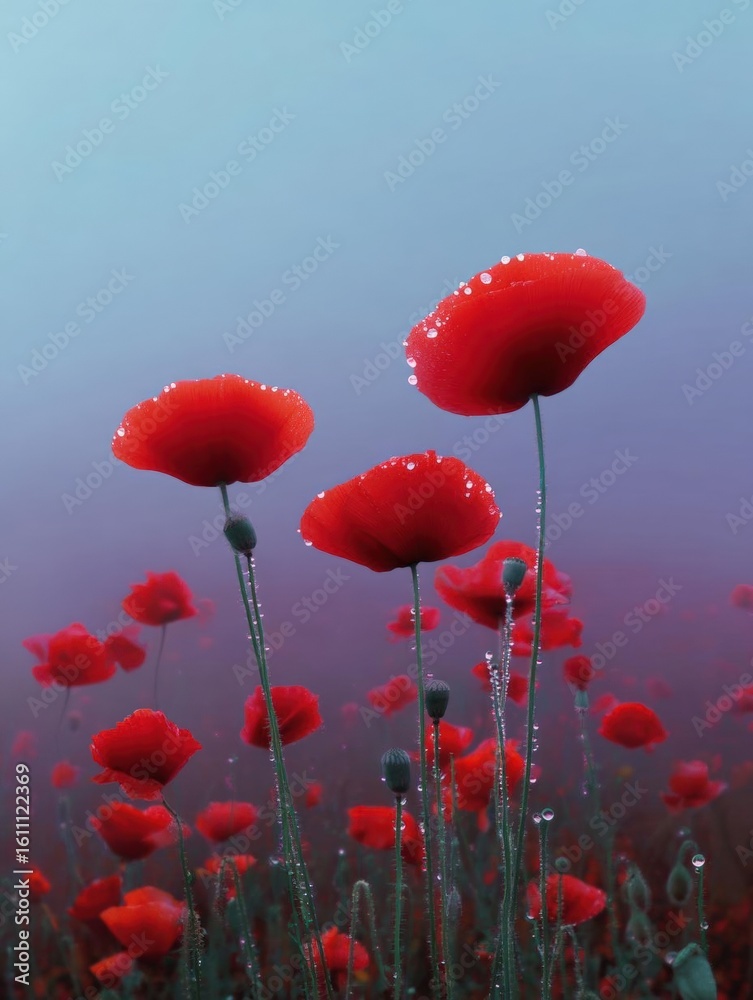 Fototapeta premium Close-up of a field of red poppies. the flowers are in full bloom, with their petals open wide and their stems and leaves visible.