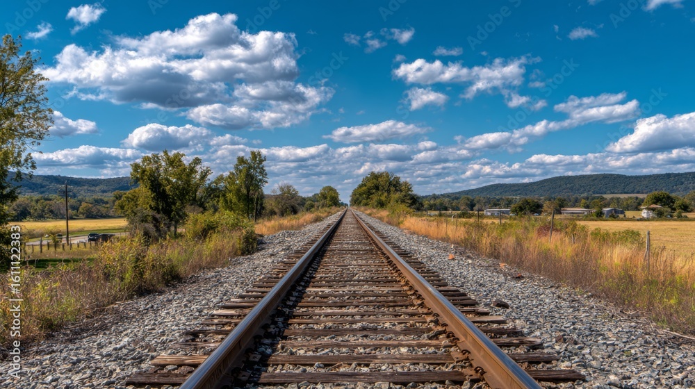 A long stretch of railroad tracks disappearing into the distance under a clear blue sky, with a rural landscape on either side A long stretch of railroad tracks disappearing into the distance under a clear blue sky, with a rural landscape on either side