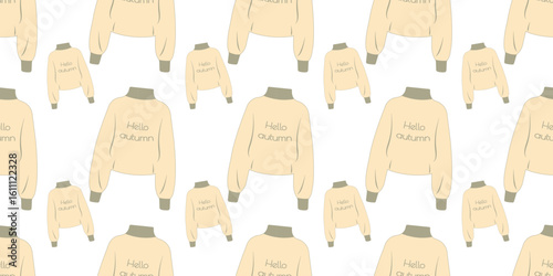 Seamless pattern of autumn apparel including sweaters in flat style. Hand drawn vector illustration for posters, banners and social media posts