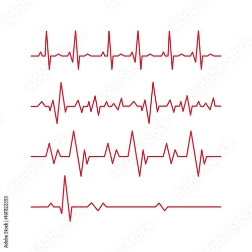 Set of 4 pcs. heart pulse - curved red line on white background - Vector illustration