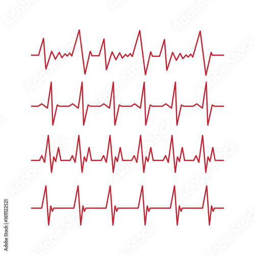 Set of 4 pcs. heart pulse - curved red line on white background - Vector illustration