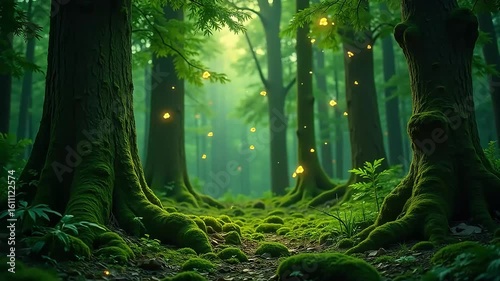 Enchanting forest path with glowing fireflies and lush mossy trees, evoking magic and wonder