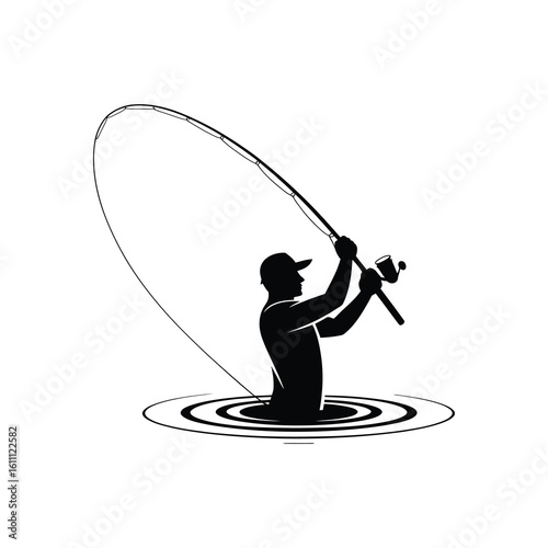 Silhouette of a fisherman casting a fishing rod in water isolated on white background silhouette