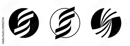 Twisting spiral logo set – modern abstract vector swirling circular symbols in black and white.
