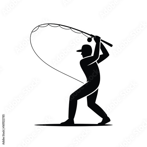 Fisherman casting a fishing rod silhouette isolated on white background