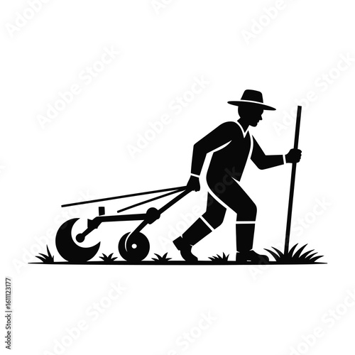 Farmer plowing field with horse drawn plow silhouette isolated on white background