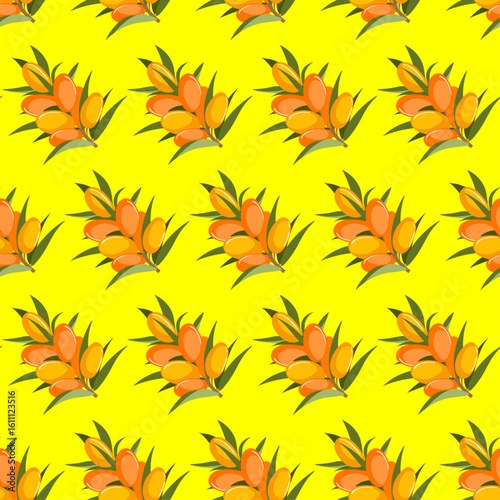 seamless pattern of yellow orange sea buckthorn fruits on a twig on a black background.ai