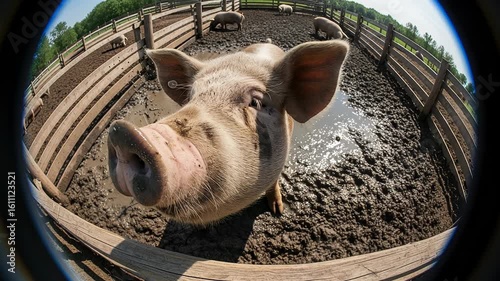 Pig's snout twitches and mouth opens for an oink amidst muddy surroundings in a sunny farmyard setting