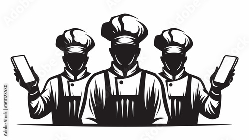 Three chefs in uniform holding smartphones in a black and white vector illustration style design work silhouette