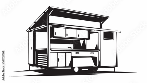 Illustration of a mobile food cart with a roof and counter space in black and white outline style silhouette