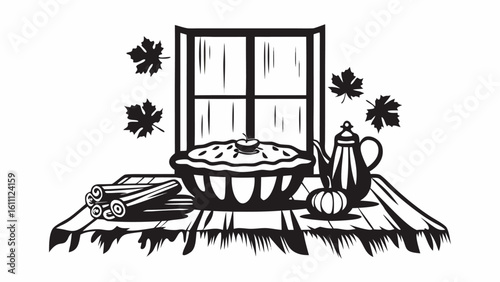 Still life of apple pie with tea pot pumpkin cinnamon sticks and maple leaves by the window in black and white silhouette