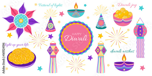 Diwali celebration set with rangoli, lamps, lanterns, diyas, firecrackers and sweets jalebi, laddoo in flat style. Deepavali vector design for banners, posters and social media content