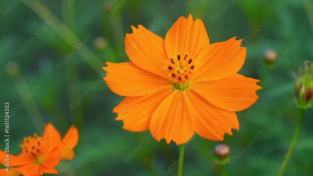 Close-up of vibrant orange cosmos flower. Symmetrical cosmos blossom with ruffled petals. Bright orange flower with dark stamens against green foliage. Close-up of vibrant orange cosmos flower. Symmetrical cosmos blossom with ruffled petals. Bright orange flower with dark stamens against green foliage.