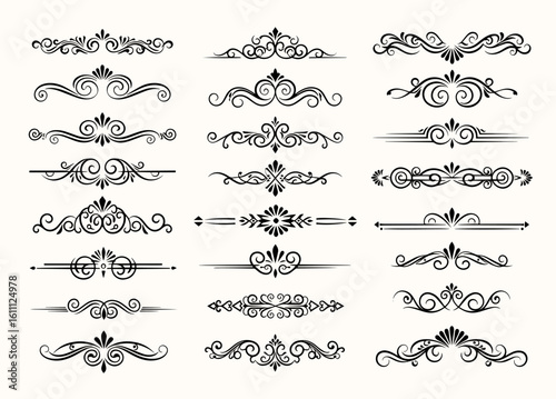 Decorative swirls divider. Floral ornament border, vintage hand drawn decorations and flourish sketch calligraphic divider vector set. Calligraphic ornamental element set. Vector
