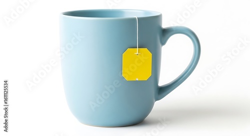 Light blue mug with tea bag on white background