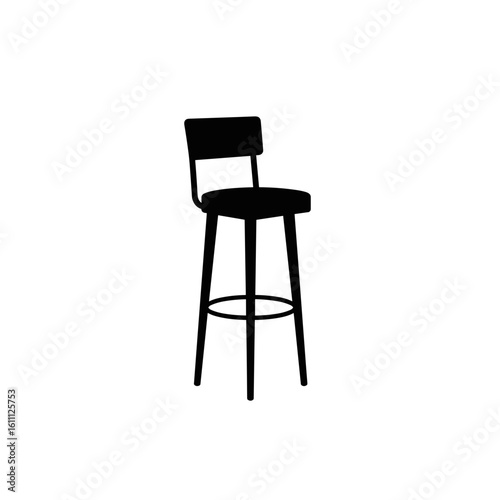 Modern black bar stool with backrest on transparent background  