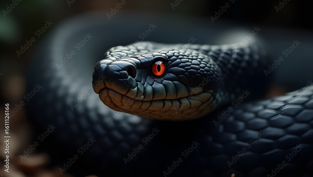 Obraz premium Close-Up of a Viper Snake: Dark Scales and Piercing Red Eyes