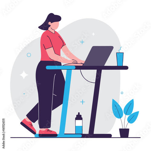 Woman working on laptop while walking on treadmill combining fitness and productivity in a modern flat illustration style