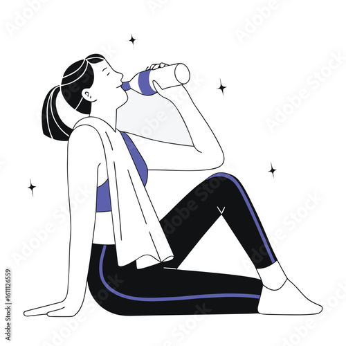 Fit woman resting after workout hydrating with water bottle surrounded by subtle sparkles