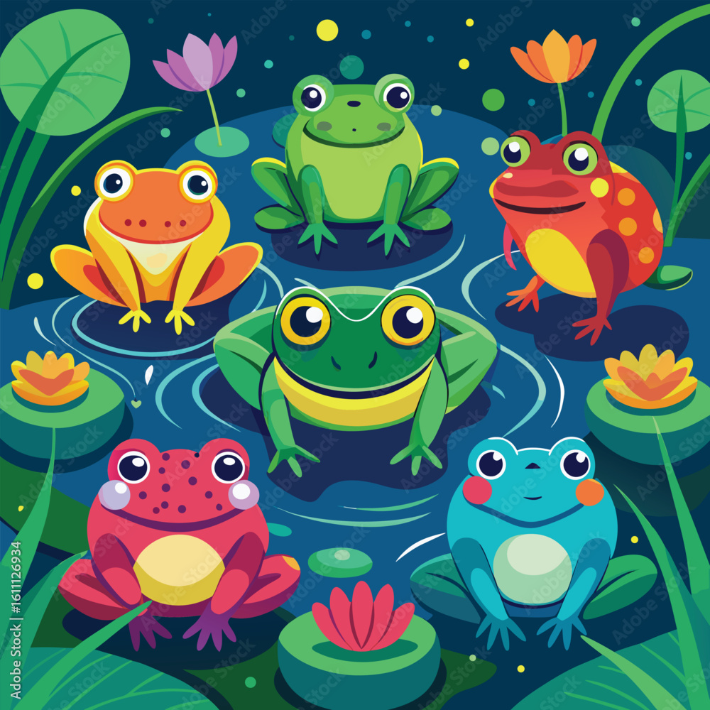 Obraz premium Cute cartoon animal set with a smiling frog and colorful nature illustrations