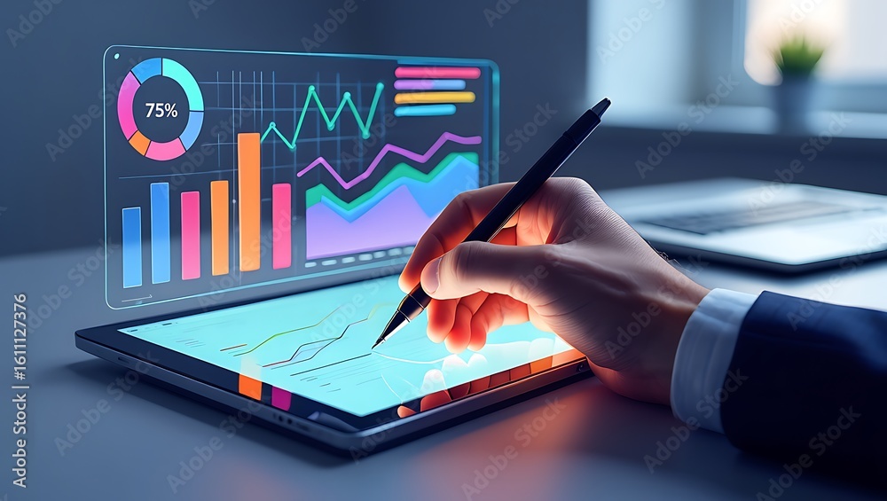 Human hand interacts with a futuristic holographic display of vivid business charts and data analysis over a tablet Human hand interacts with a futuristic holographic display of vivid business charts and data analysis over a tablet
