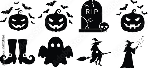 A collection of halloween silhouettes including a pumpkin, tombstone, bats, boots, ghost, and witch isolated on white background