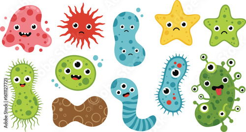 Cute cartoon germs, funny bacteria characters, happy and sad microbes, colorful viruses, microscopic monsters, science illustration, educational, kids design, clipart set isolated white background