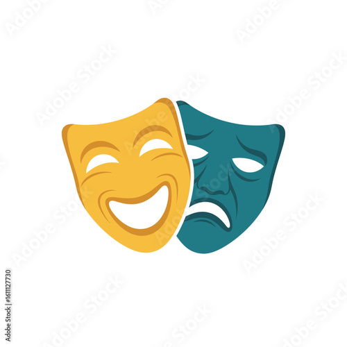 Classic comedy and tragedy theater masks symbolize a range of emotions in dramatic arts performance