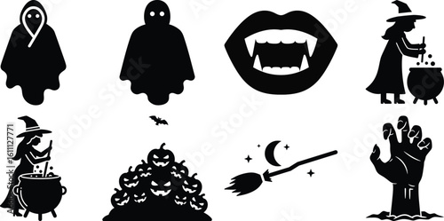 A set of halloween silhouettes including ghosts, vampires, witches, and pumpkins, isolated on white background