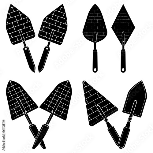 Illustration of four sets of brick trowels in various arrangements on a white background surface