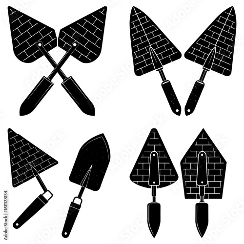 Collection of black and white trowel illustrations with brick pattern and different arrangements on white