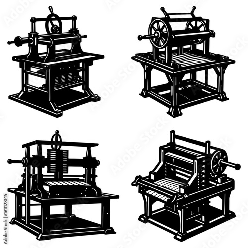 Four detailed illustrations of vintage printing presses in black and white on a white background