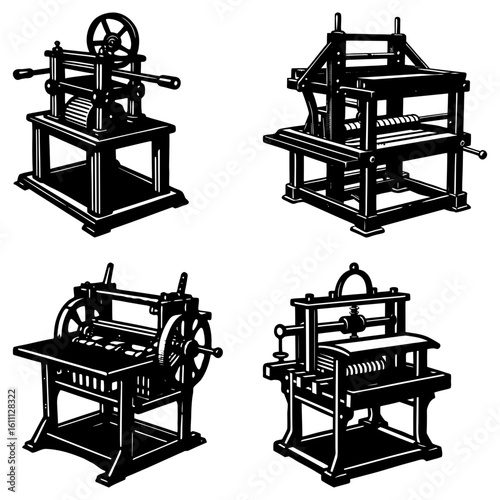 Illustration showing four different antique printing presses in black and white detailed line drawing style
