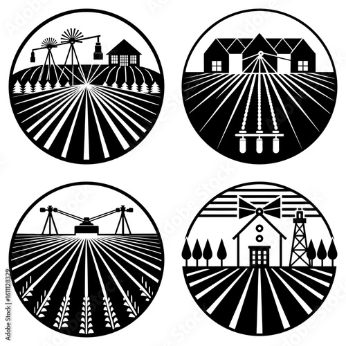 Four circular designs showcasing agriculture with fields, windmills, and irrigation systems in black and white