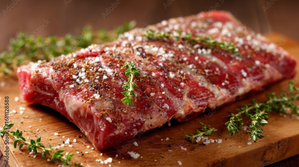 Obraz premium A raw rack of ribs, seasoned lightly with salt and pepper, placed on a rustic cutting board with a few sprigs of fresh thyme scattered around
