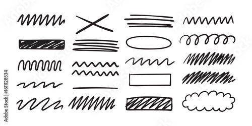 Underline doodle scribble pen highlighter mark highlight messy stroke line art black marker adds informal style. Perfect for rough textures, creative editorial graphics. Great for layout and accents